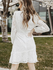 V Neck Ruffle Dress Long Sleeve Tie Waist Women's Clothing