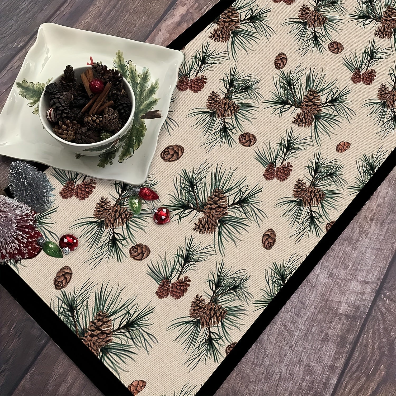Polyester Table Runner Merry Christmas Pinecone Pattern
