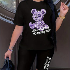 Bear & Letter Print Matching Two piece Set Short Sleeve T shirt & Skinny Shorts