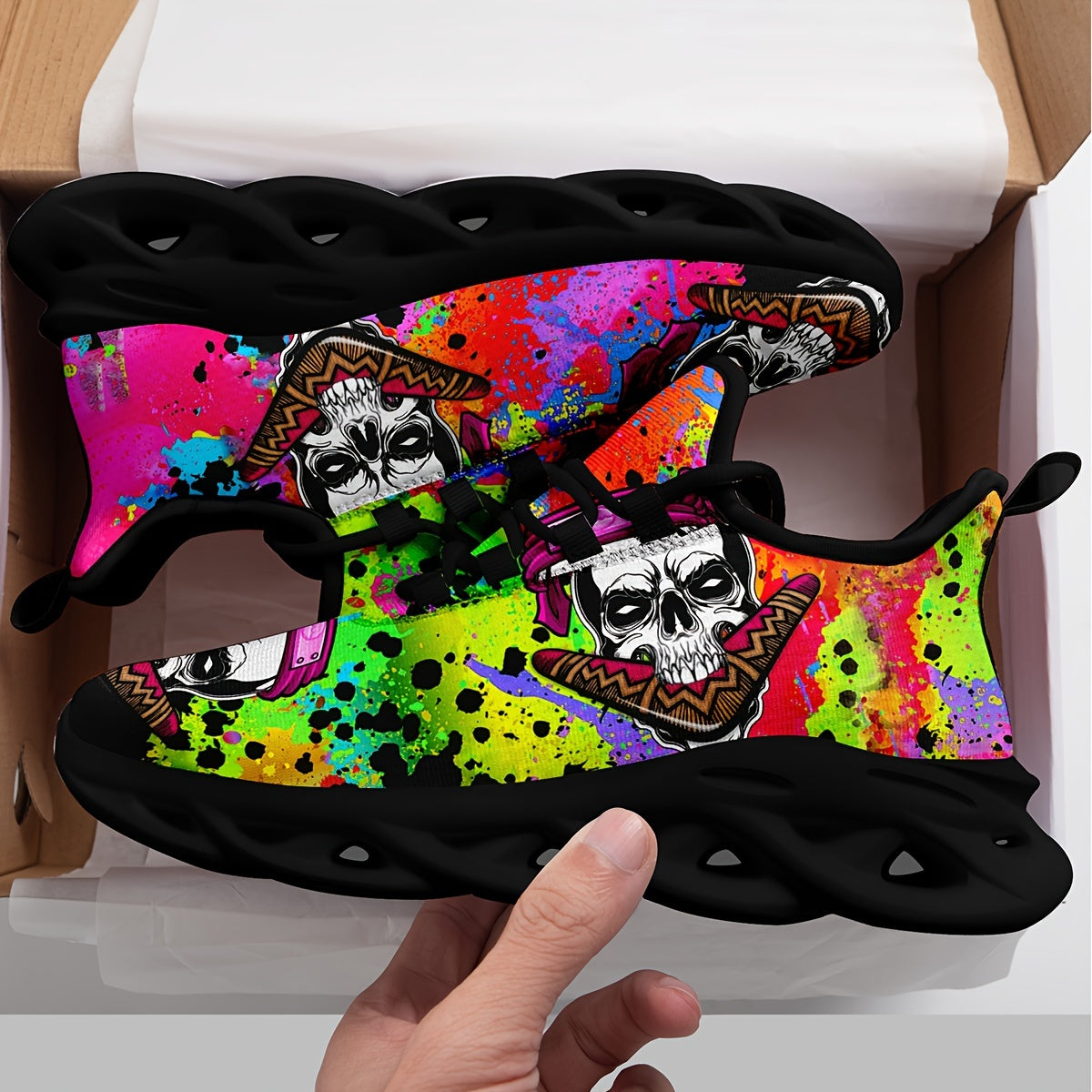 Skull & Tie dye Thick Sole Running Shoes Breathable Lightweight Sneakers