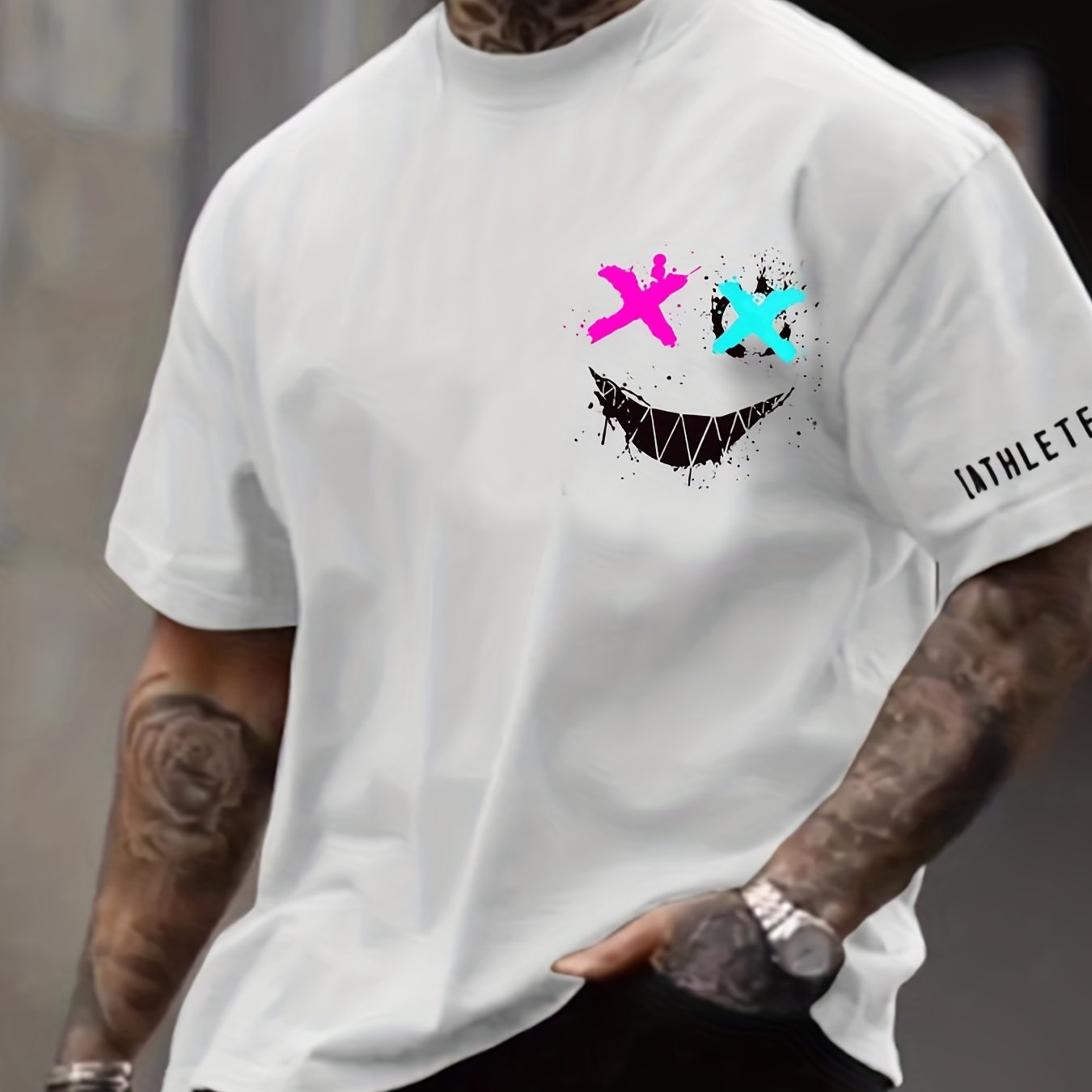 Smile Face Print Men's Crew Neck Tshirt Casual Tee S