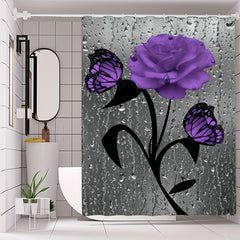 Waterproof Purple Rose and Butterfly Shower Curtain