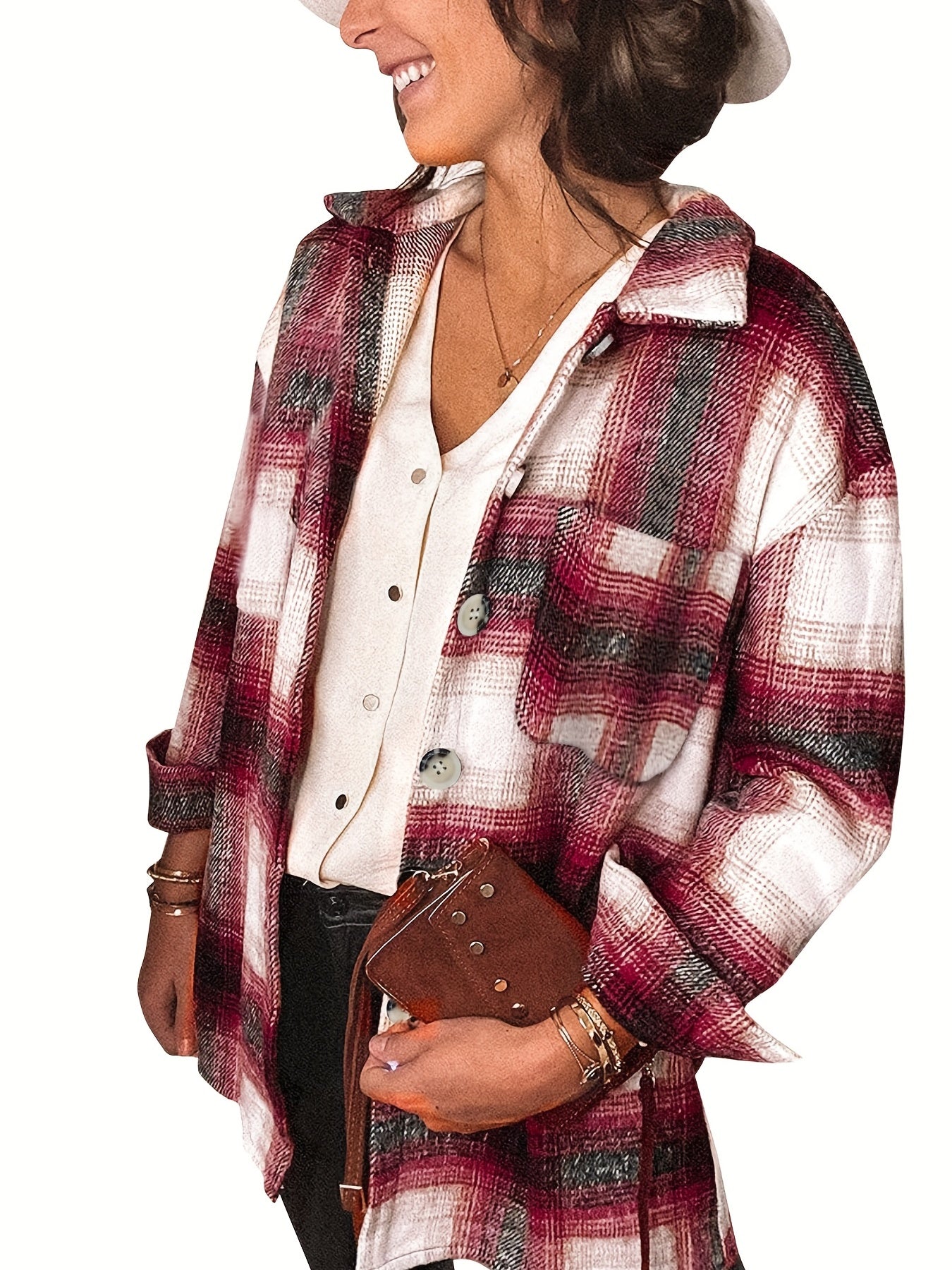Plaid Patched Pocket Jacket Long Sleeve Spring Fall Women's Clothing