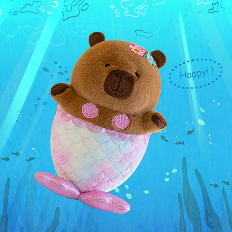 Mermaid Capybara Stuffed Animal with Pink Floral Accents
