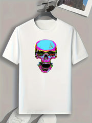 Glitch Skull Print Men's Comfy T-shirt for Outdoor Summer