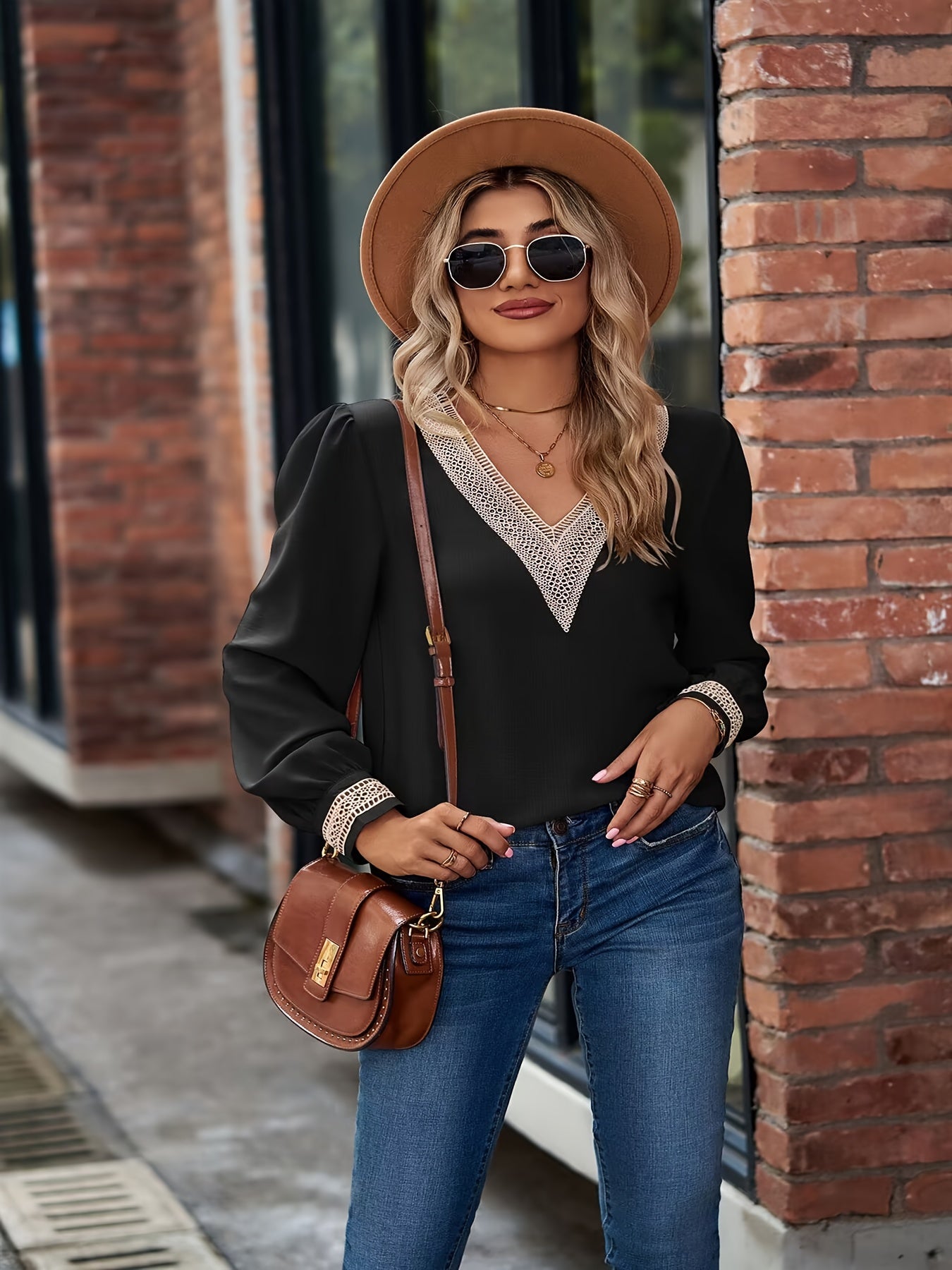 Solid Applique Long Puff Sleeve V Neck Top