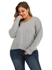 Solid V Neck Pullover Sweater Women's Plus Casual Sweater
