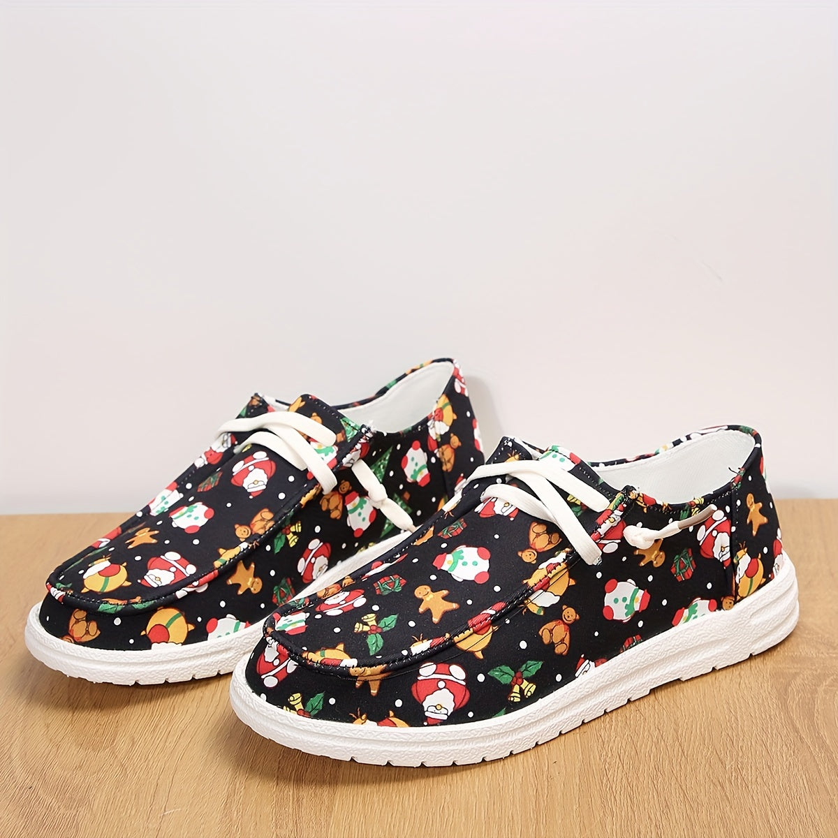 Women's Christmas Printed Lace up Non slip Sneakers Low Slip On Walking Shoes