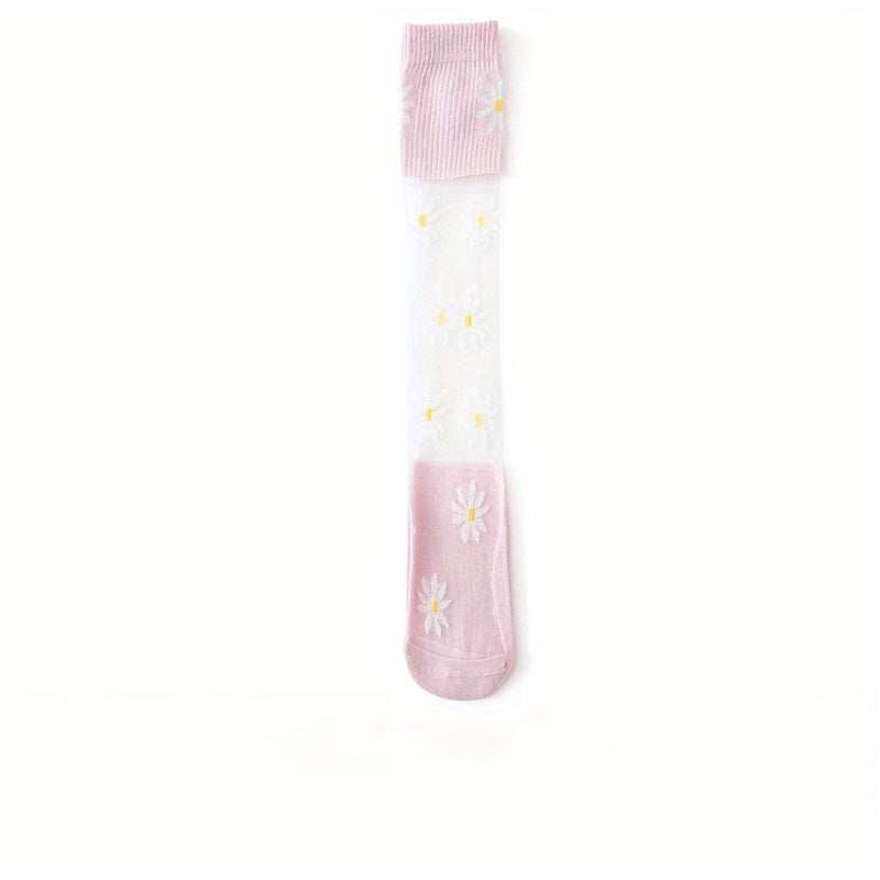 Girls Cotton Flower Knee High Stockings - Children's Daisy Thin Socks
