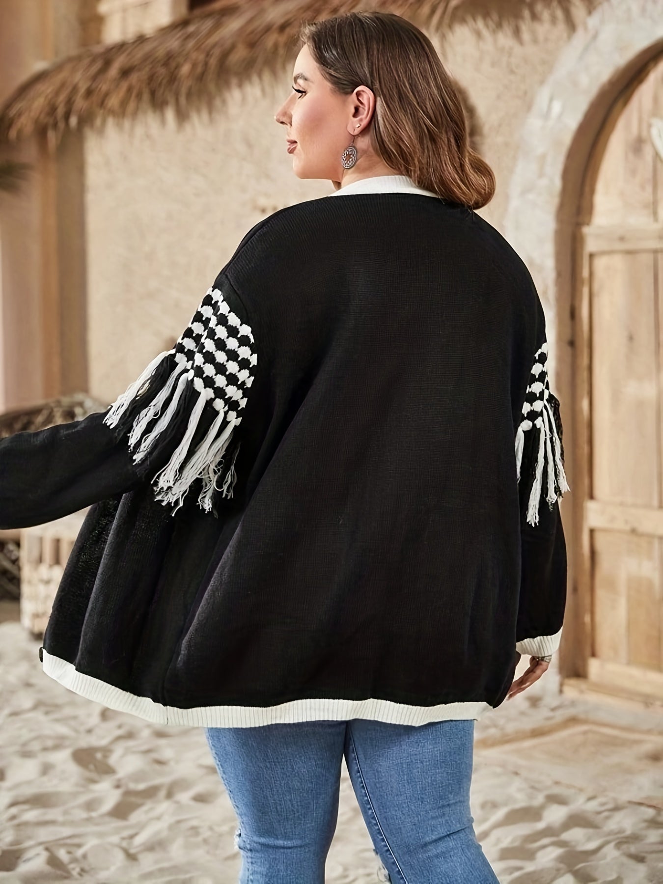 Colorblock Graphic Tassel Cardigan