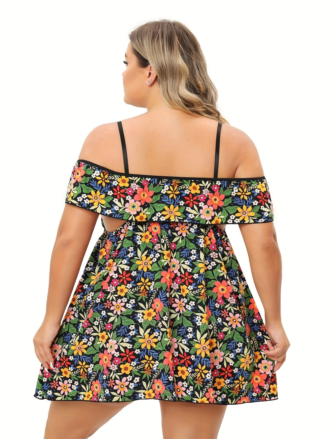Floral Print Cold Shoulder Ruffle Trim Cami Dress