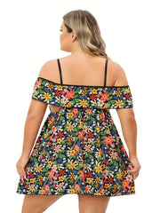 Floral Print Cold Shoulder Ruffle Trim Cami Dress