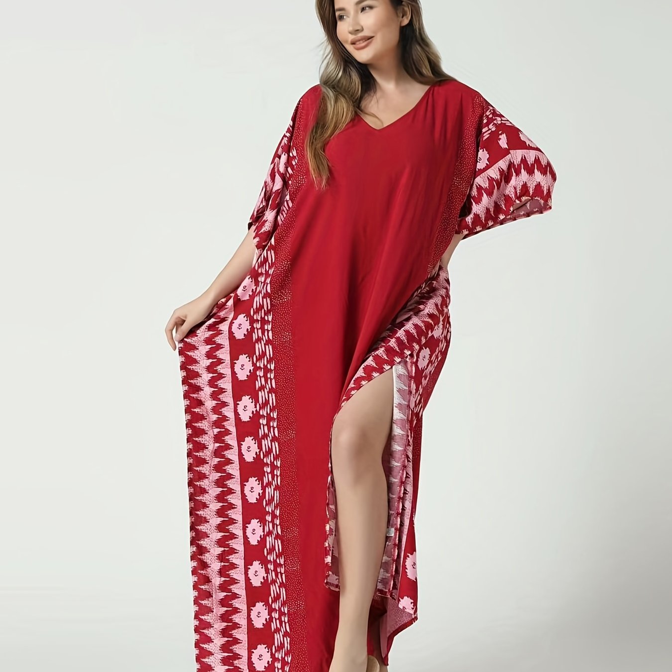 Floral Striped Batwing Sleeve V Neck Maxi Cover Up