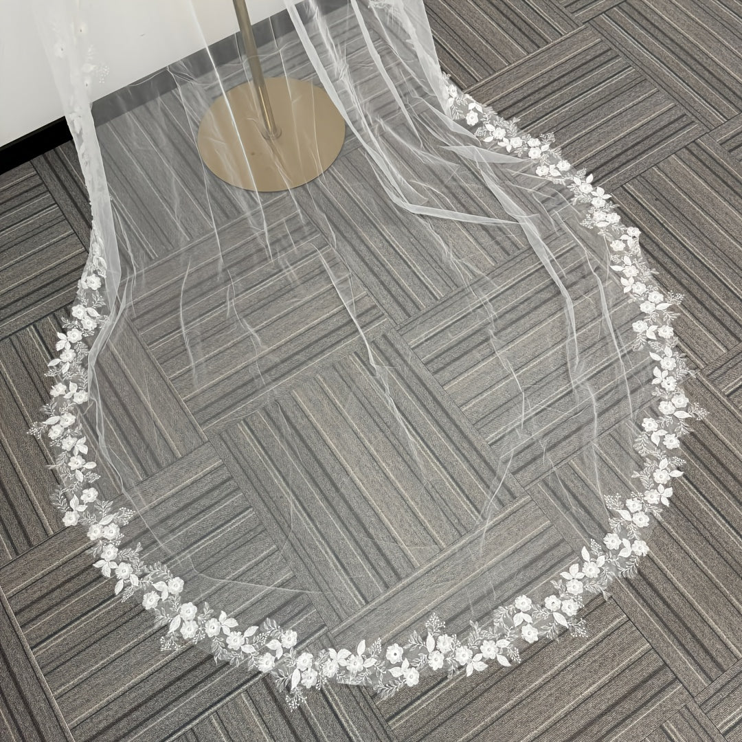 Vintage Romantic Court Style Bridal Veil with Floral & Pearl Embellishment