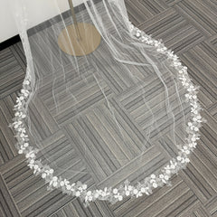 Vintage Romantic Court Style Bridal Veil with Floral & Pearl Embellishment