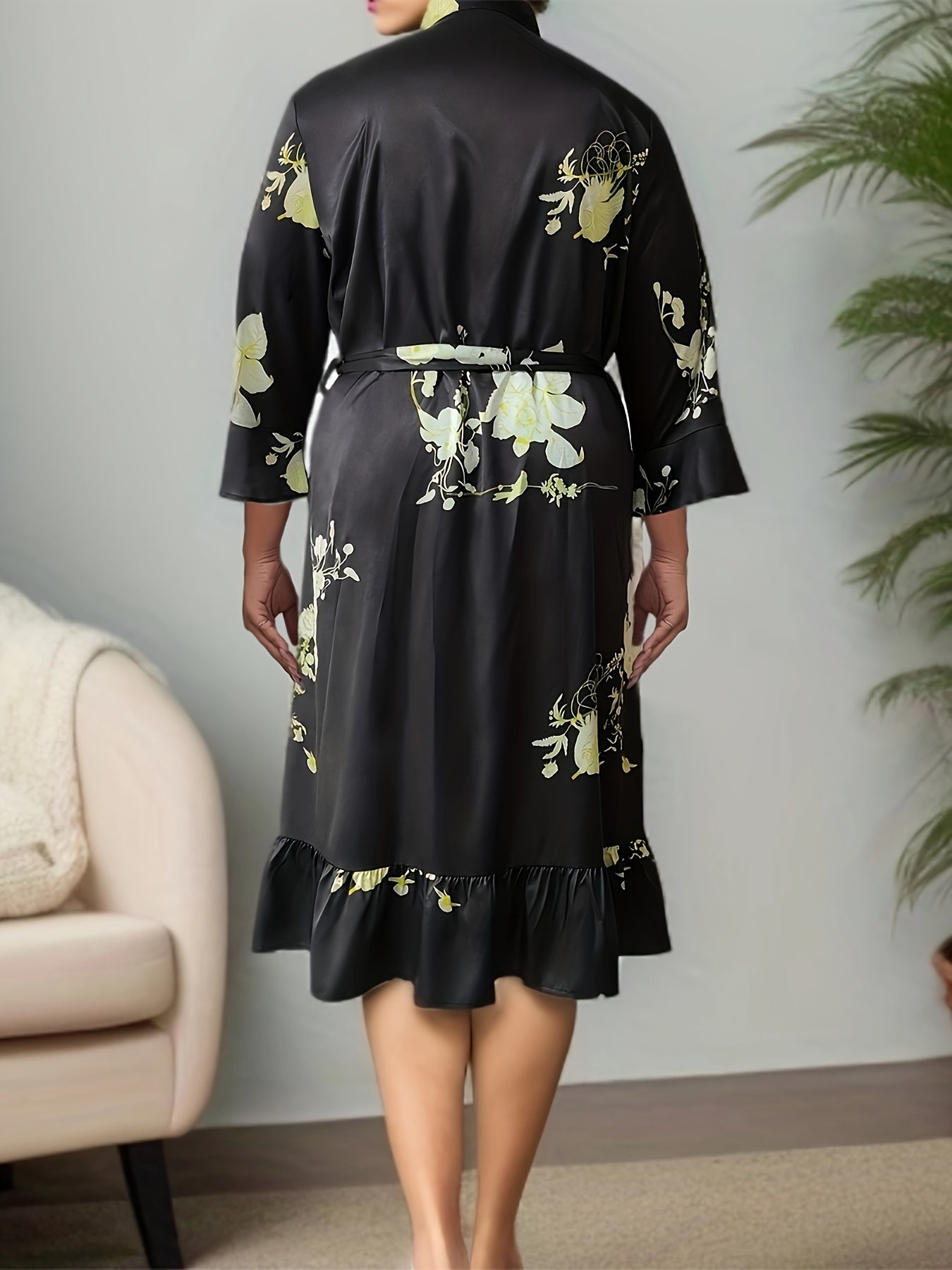 Satin Floral Nightgown with Ruffle Trim
