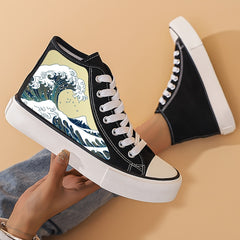 Women's Wave Graphic High Top Canvas Shoes Lace Up Casual Sneakers