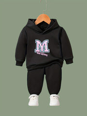 Girls Boys 2pcs M Letter Hooded Pullover Pants Set for Sports
