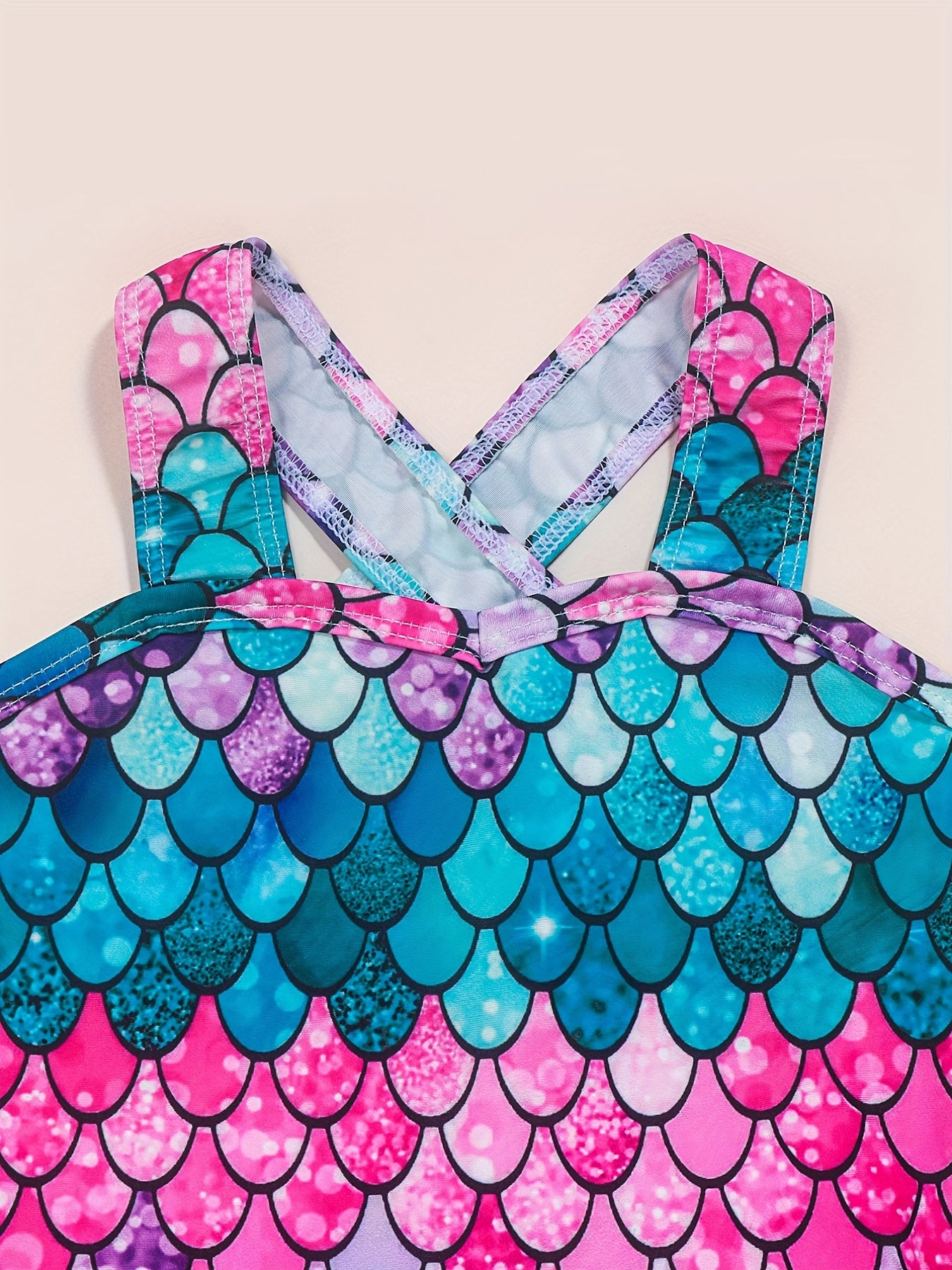 Girls One Piece Swimsuit Fish Scale Print Cross Strap Dress