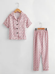 Girls' Pink Love Lapel Pajama Set, Short Sleeve Pants