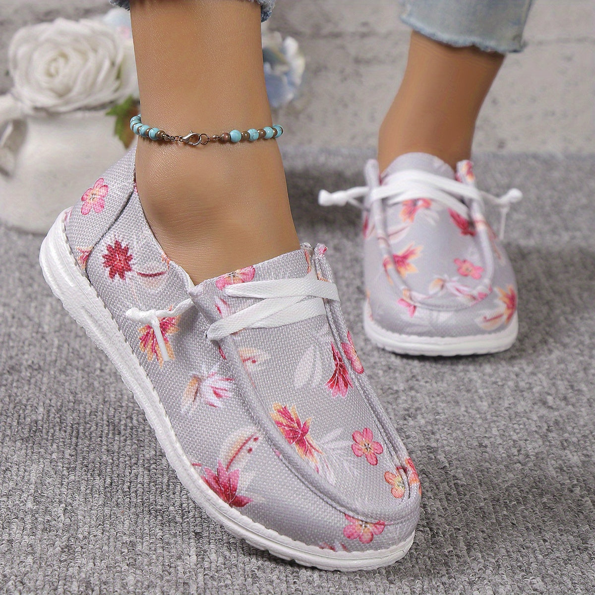 Floral Print Canvas Slip-On Flat Shoes Casual Sneakers