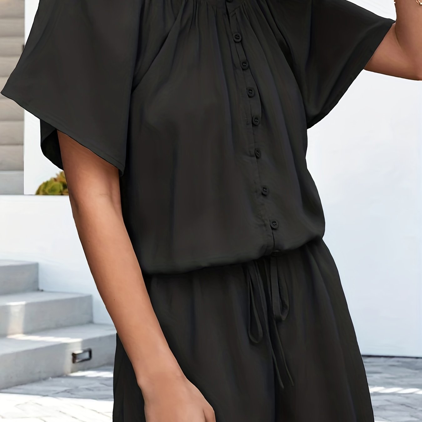 Women's Plus Size Button Up Short Sleeve Drawstring Waist Romper