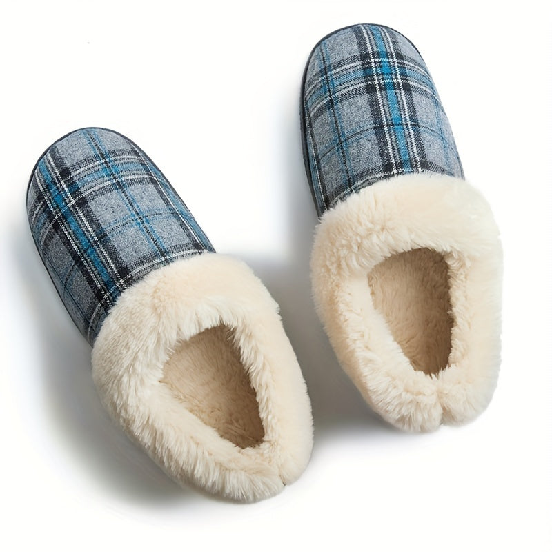 Women's Plaid Fluffy Slippers Warm Cozy Slip On Fuzzy Shoes