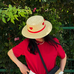 Heart Ribbon Decor Hat Flat Top Jazz Straw Hat UV Protection Summer Travel Beach