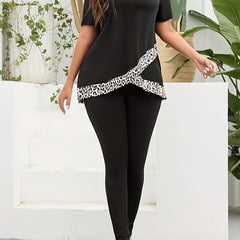 Leopard Print Splice Top & Solid Leggings Set