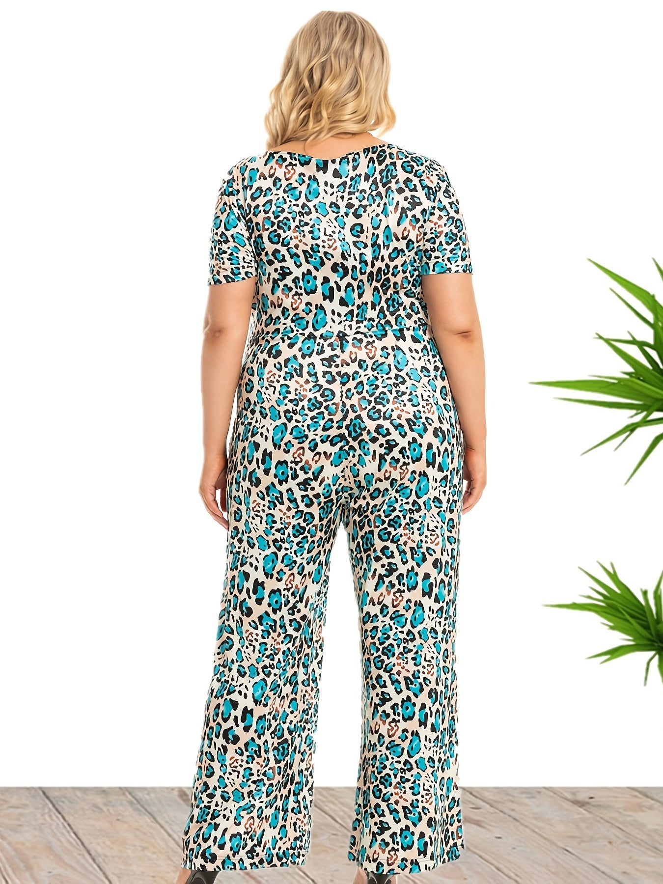 Leopard Print Deep V Neck Jumpsuit Women's Plus