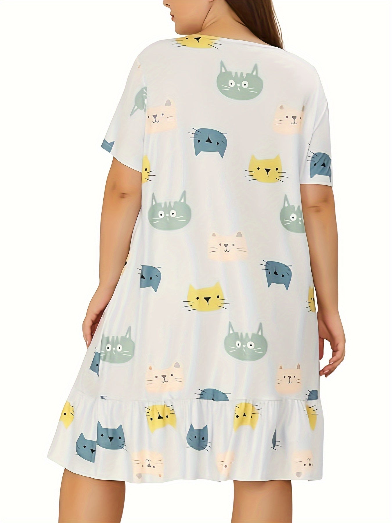 Colorful Cat Print Nightdress with Ruffle Trim