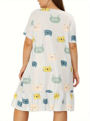 Colorful Cat Print Nightdress with Ruffle Trim