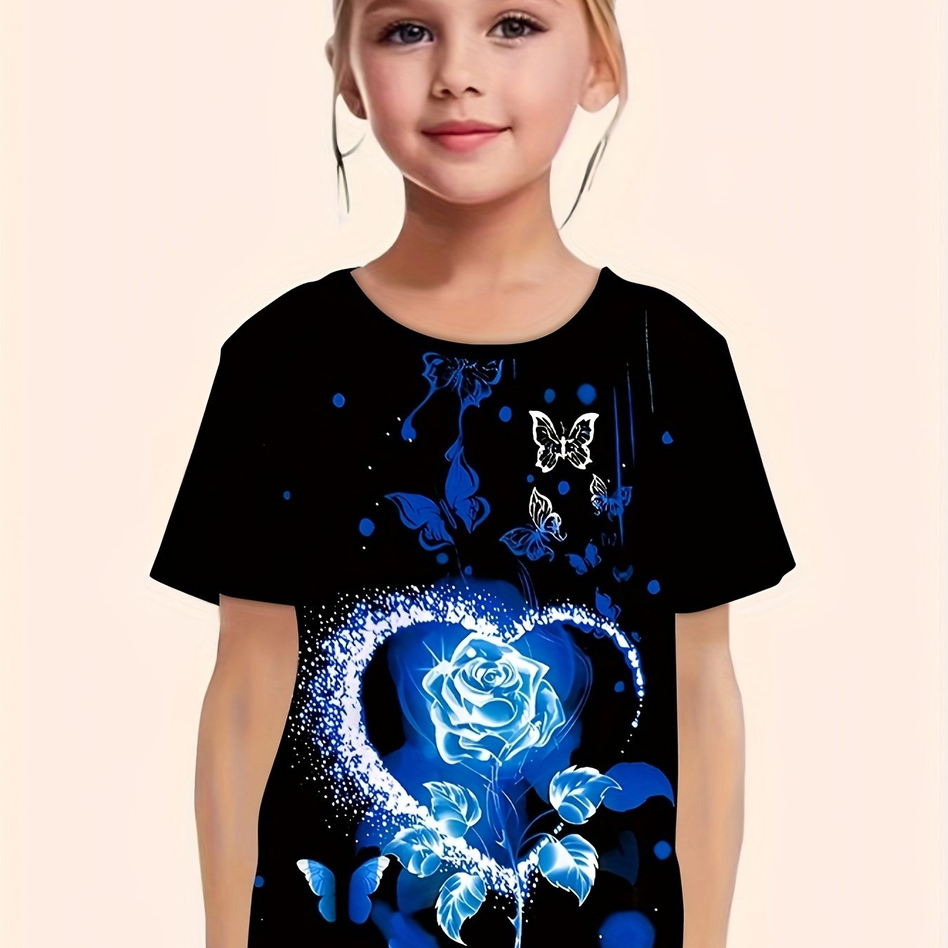 Rose Heart Butterfly Print Short Sleeve T-shirt Girls Summer Sports Clothes