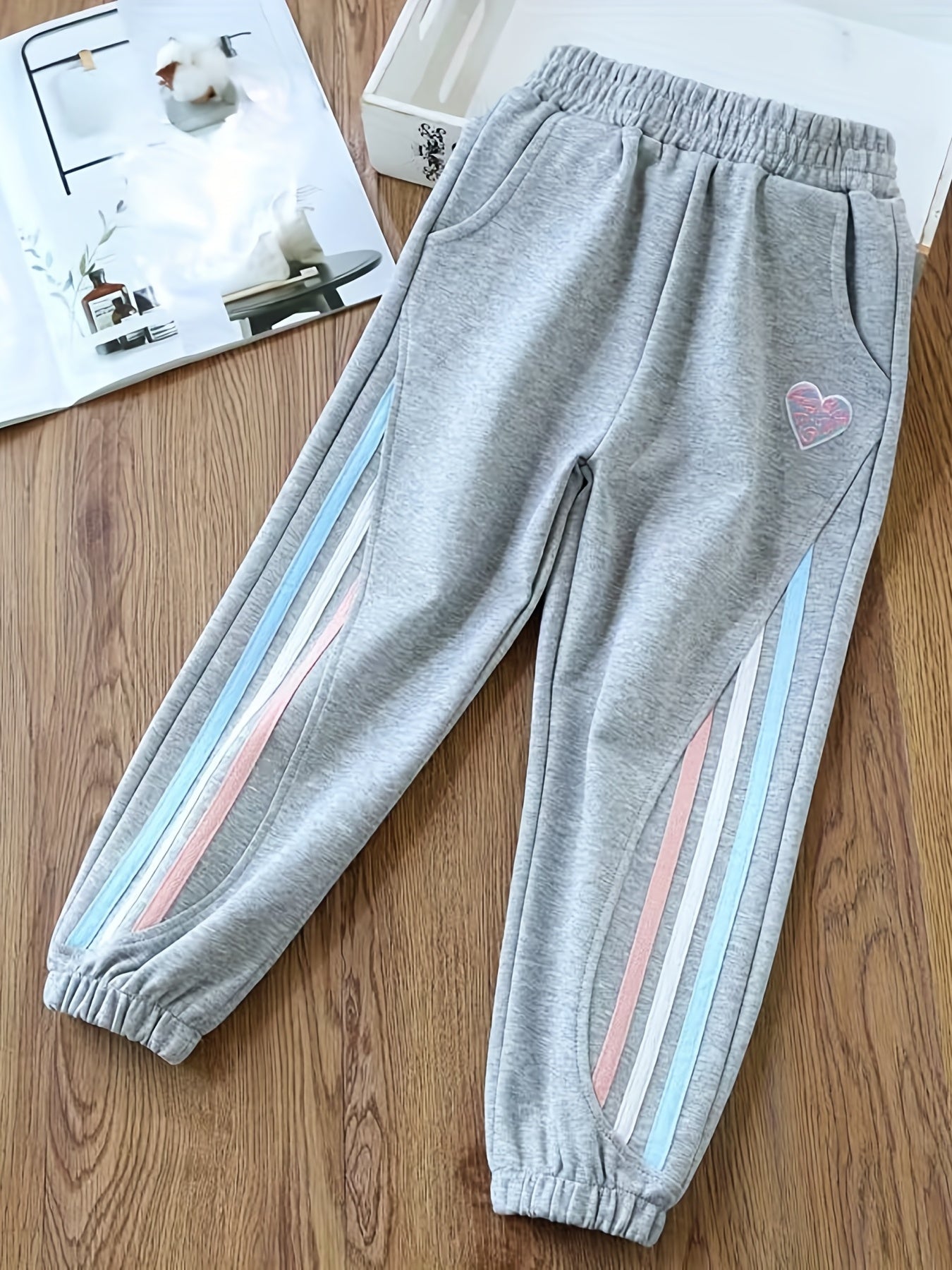 Girls Striped Print High Waist Sweatpants With Pockets