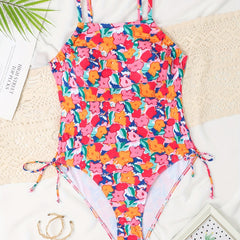 Floral Print Lace Up Side One Piece Bathing Suit