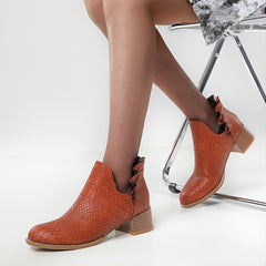 V Cut Ruffled Ankle Boots Chunky Heeled Shoes