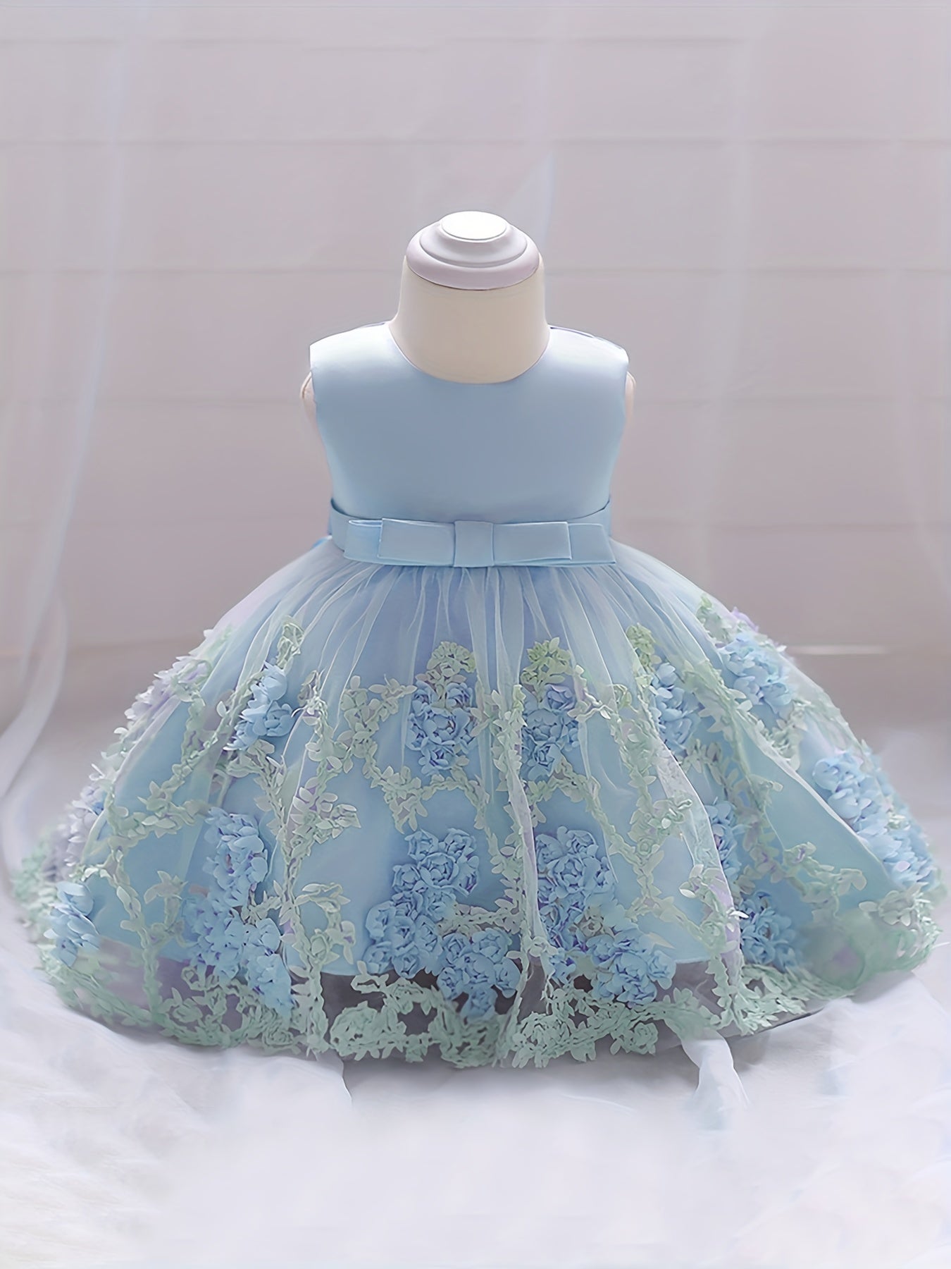 Baby Girls Floral Embroidery Mesh Sleeveless Princess Dress