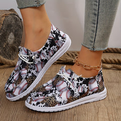 Women's Baseball Pattern Lace Up Boat Shoes Low Top Slip On Canvas Shoes