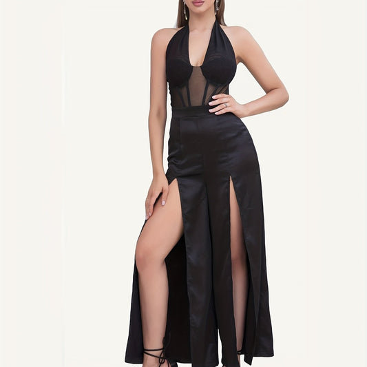 Contrast Mesh Split Halter Jumpsuit Backless Sexy Jumpsuit