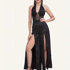 Contrast Mesh Split Halter Jumpsuit Backless Sexy Jumpsuit
