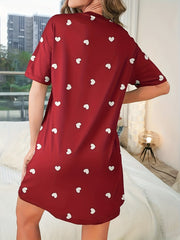 Heart Print NightDress Short Sleeve Pajama Dress Women's Sleepwear