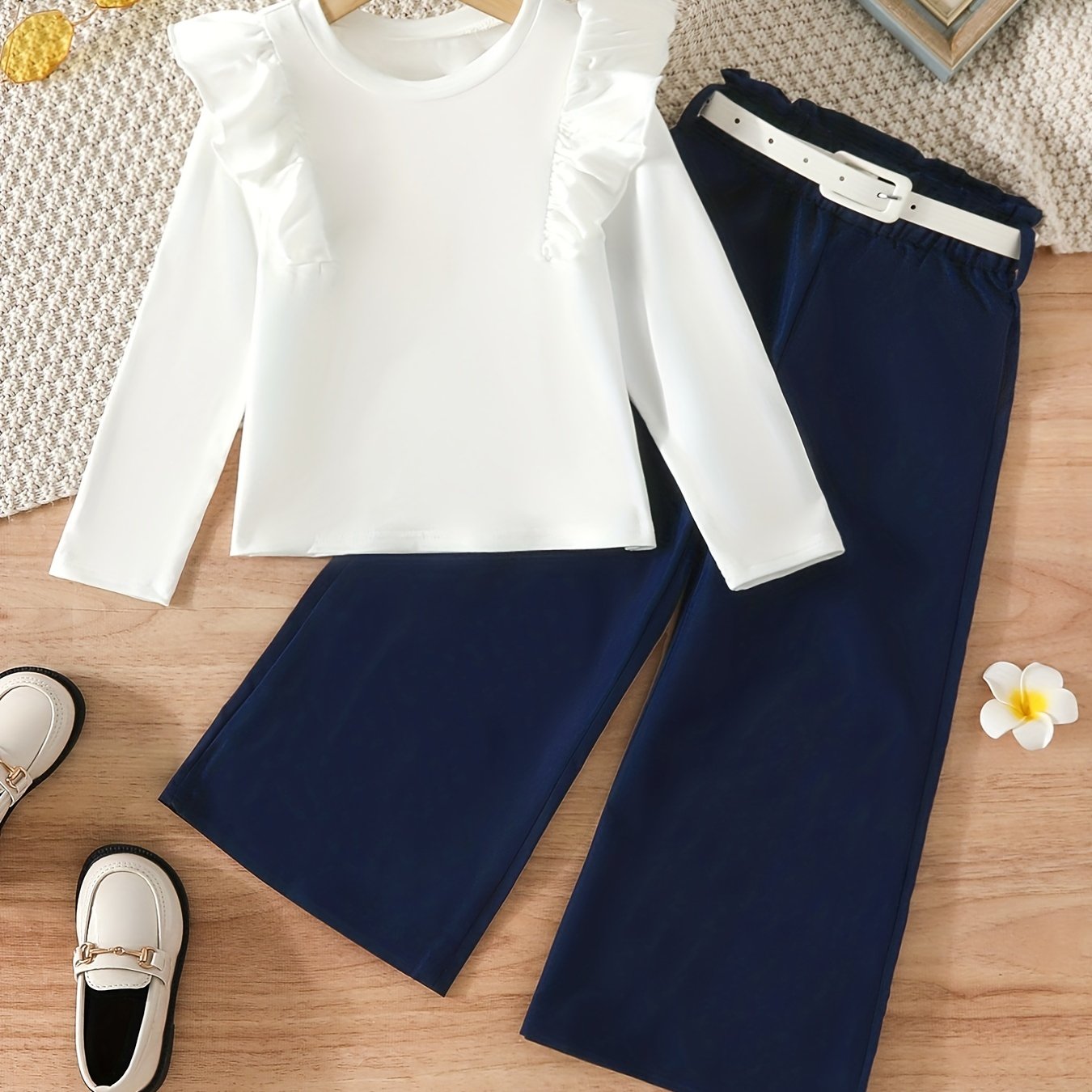 Girls Ruffle 2pcs Top & Wide Leg Pants Set with Belt - Spring Fall