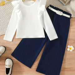 Girls Ruffle 2pcs Top & Wide Leg Pants Set with Belt - Spring Fall