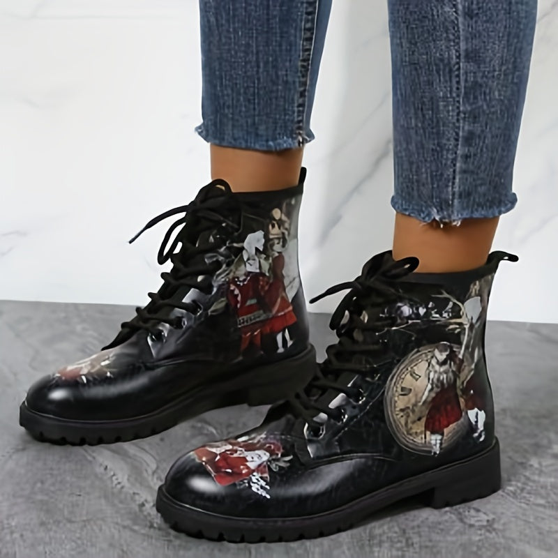 Women's Printed Chunky Heel Lace Up Short Boots Halloween Boots
