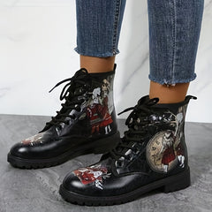 Women's Printed Chunky Heel Lace Up Short Boots Halloween Boots