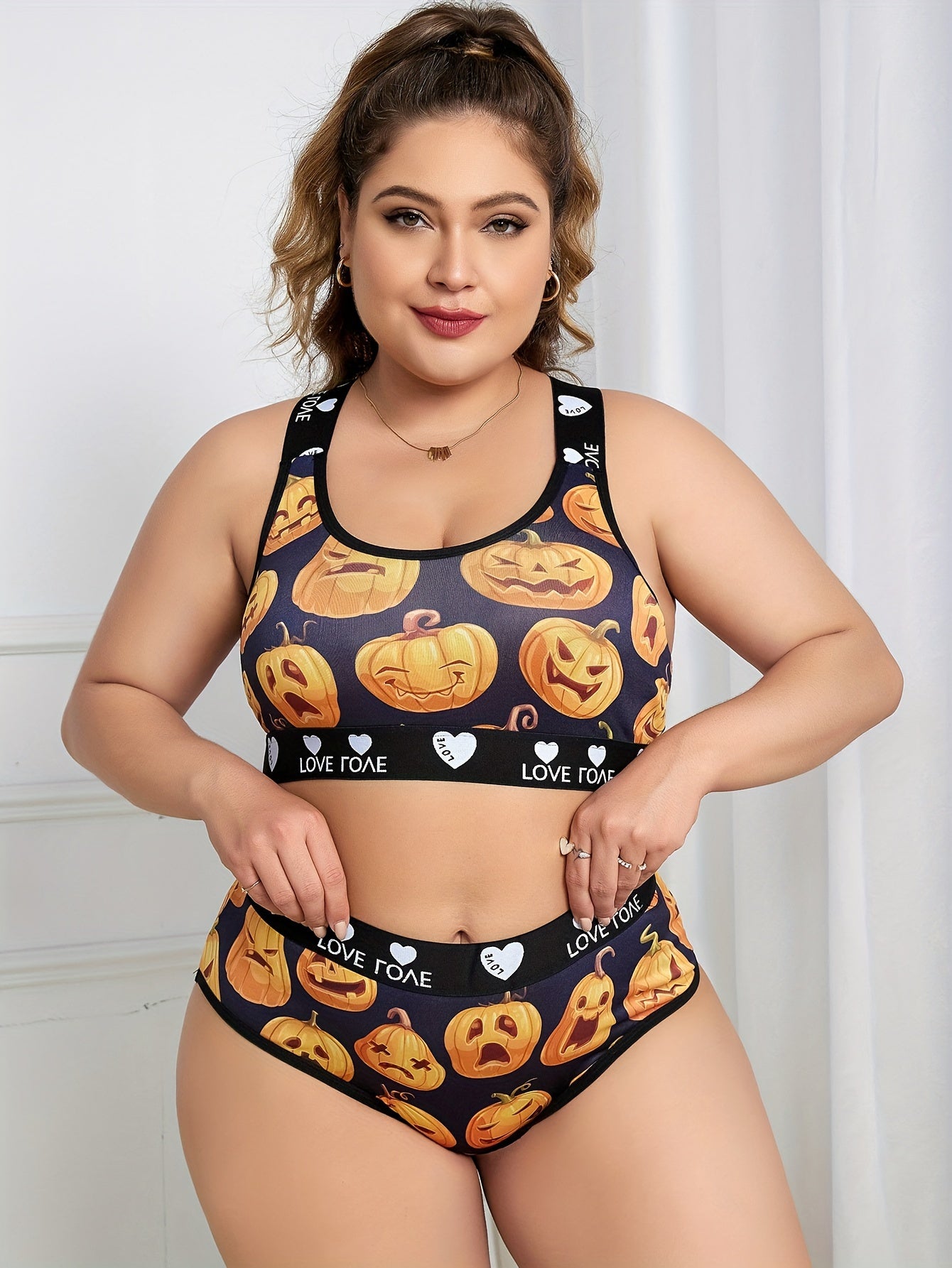 Casual Lingerie Pumpkin & Heart Pattern Set Women's Plus