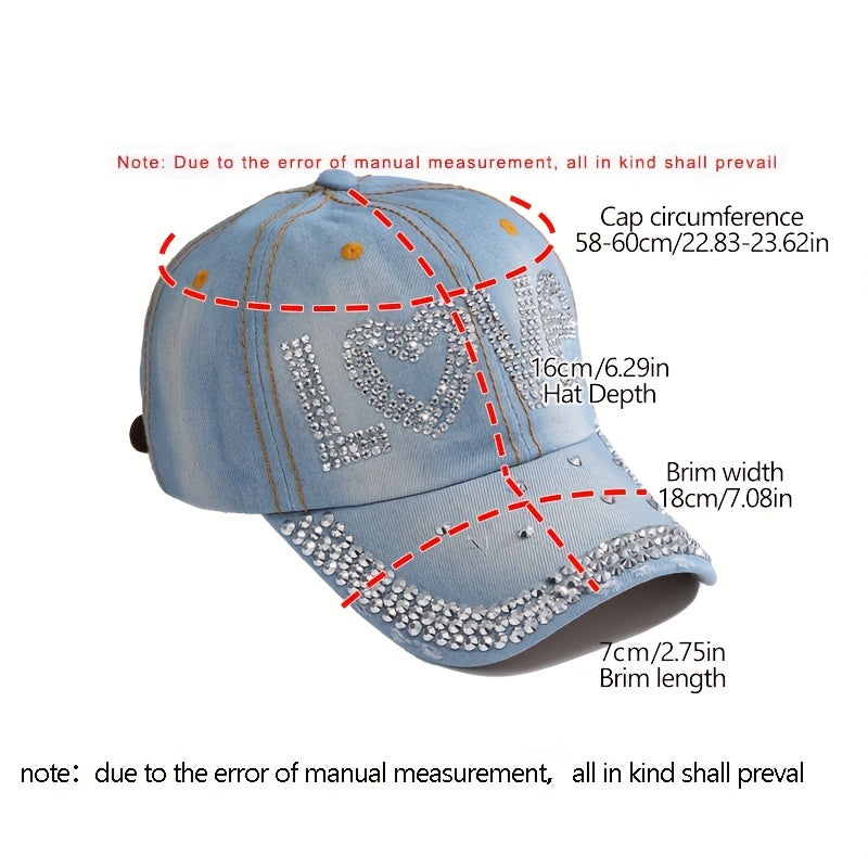 Love Rhinestone Baseball Cap Denim Sun Hat Studded Lightweight