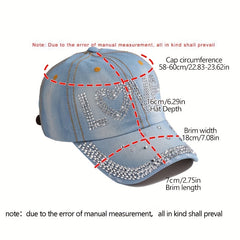 Love Rhinestone Baseball Cap Denim Sun Hat Studded Lightweight