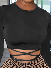 Solid Criss Cross Crop Tee & Geometric Print Skinny Pants Set Plus Size