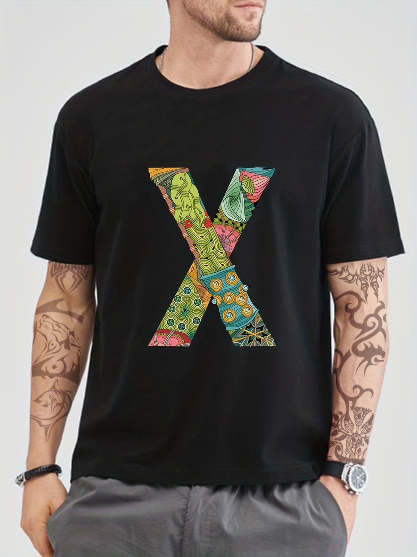 X Print Men's Graphic Crew Neck T-shirt for Summer Casual Comfy Tee